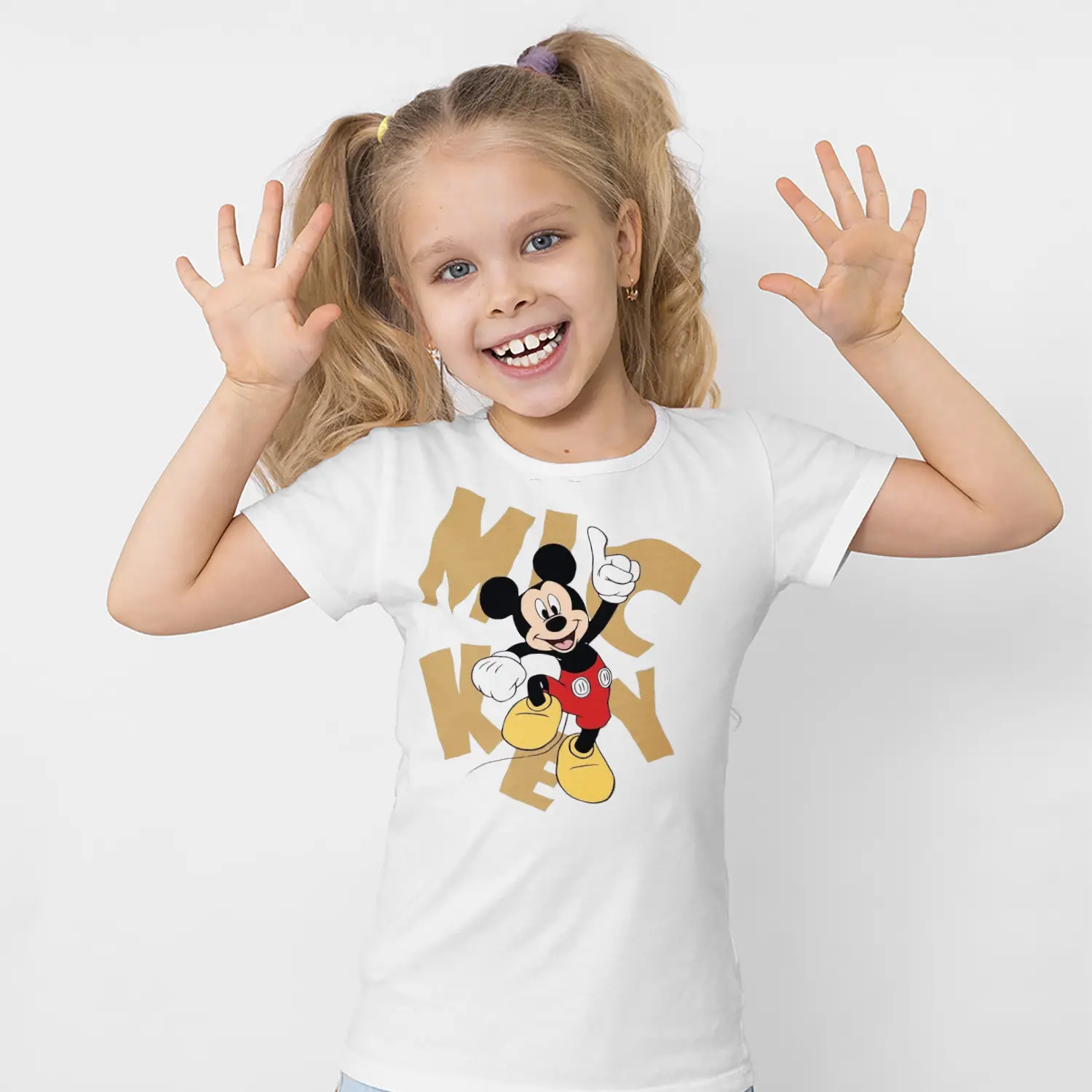 Yuvarlak Kulaklı Fare Karikatür Figürlü Yazı Baskılı Kız Çocuk Tişörtü