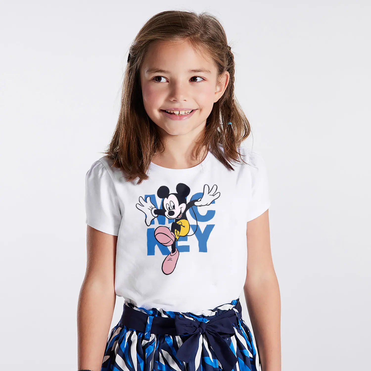 Yuvarlak Kulaklı Fare Karikatür Mavi Yazı Figürlü Baskılı Kız Çocuk Tişörtü