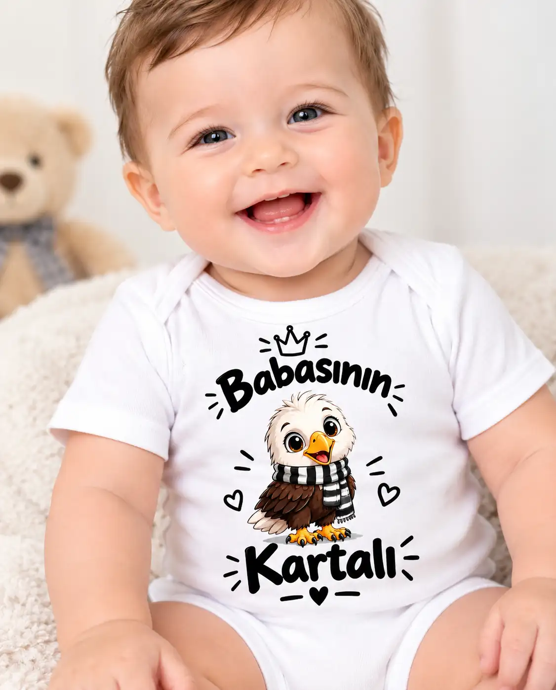 Babasının Kartalı Yazılı Siyah Beyaz Atkılı Kartal Figürlü Baskılı Zıbın