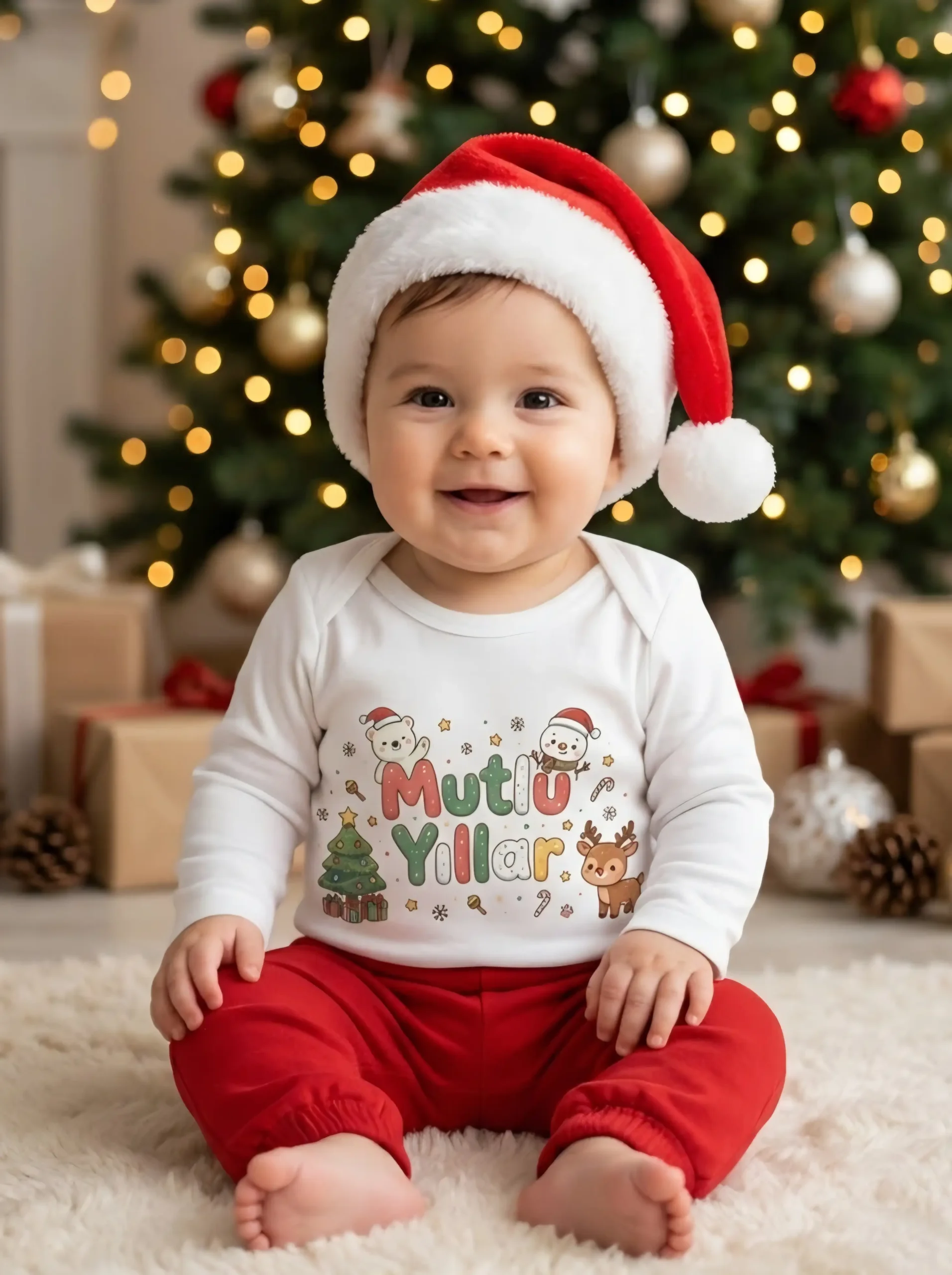 Mutlu Yıllar Yazılı Noel Baba Şapkalı Ayıcık, Kardan Adam, Çam Ağacı ve Geyik Desenli Baskılı Zıbın